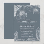 Dusty Blue Floral Line Art Invitation Kaart (Voorkant / Achterkant)