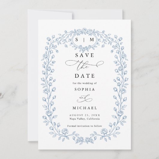 Dusty Blue Floral Line Art Save The Date Invite (Voorkant)