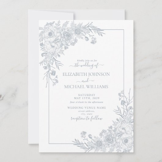  Dusty Blue Floral Line Art Script Weddenschap Kaart (Voorkant)