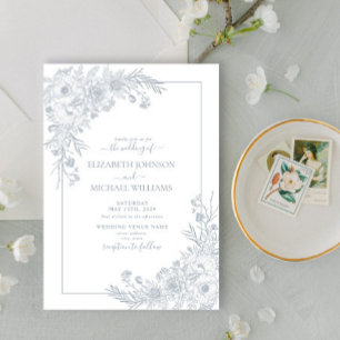  Dusty Blue Floral Line Art Script Weddenschap Kaart
