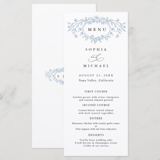 Dusty Blue Floral Line Art Wedding Flat Menu (Voorkant / Achterkant)