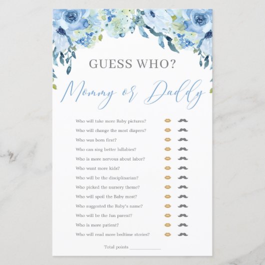 Dusty Blue Floral Mam of Dad Baby shower Game (Voorkant)