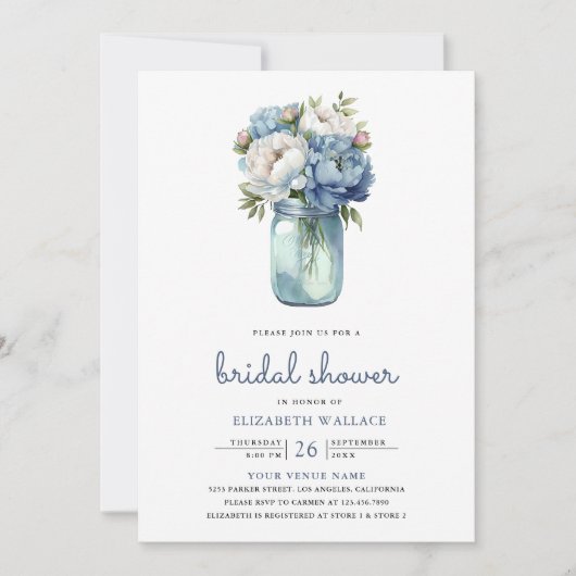 Dusty Blue Floral Mason Jar Foto Vrijgezellenfeest Kaart (Voorkant)