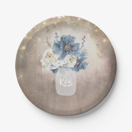 Dusty Blue Floral Mason Jar Initialen Rustiek Hout Papieren Bordje