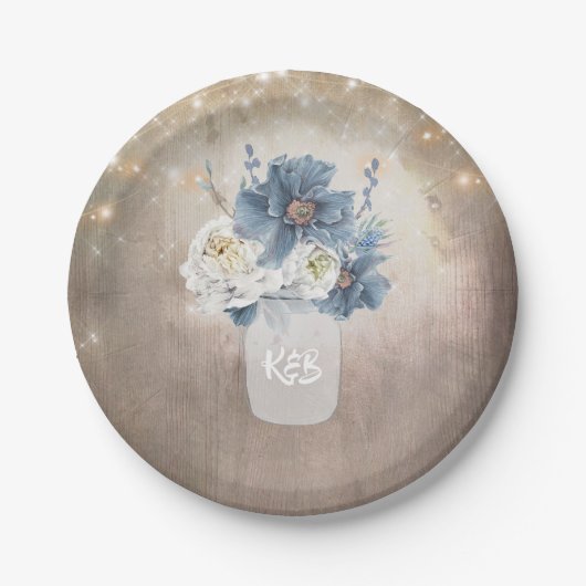 Dusty Blue Floral Mason Jar Initialen Rustiek Hout Papieren Bordje (Voorkant)
