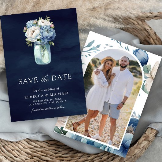Dusty Blue Floral Mason Jar Navy Fotobruiloft Save The Date