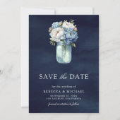 Dusty Blue Floral Mason Jar Navy Fotobruiloft Save The Date (Voorkant)