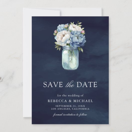 Dusty Blue Floral Mason Jar Navy Fotobruiloft Save The Date (Voorkant)