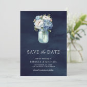 Dusty Blue Floral Mason Jar Navy Fotobruiloft Save The Date (Staand voorkant)