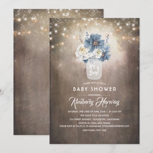 Dusty Blue Floral Mason Jar Rustiek Baby shower Kaart (Voorkant / Achterkant)