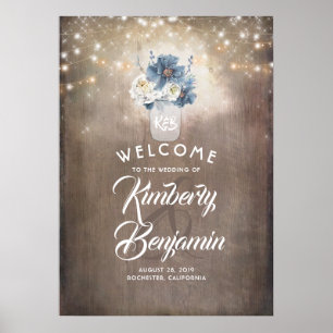 Dusty Blue Floral Mason Jar Wedding Welcome Sign Poster