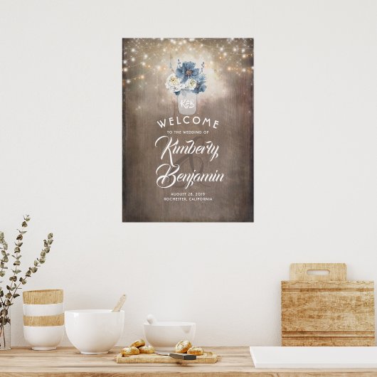 Dusty Blue Floral Mason Jar Wedding Welcome Sign Poster (Keuken)