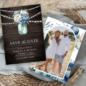 Dusty Blue Floral Mason Jar Wood Foto bruiloft Save The Date