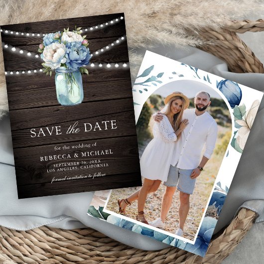 Dusty Blue Floral Mason Jar Wood Foto bruiloft Save The Date