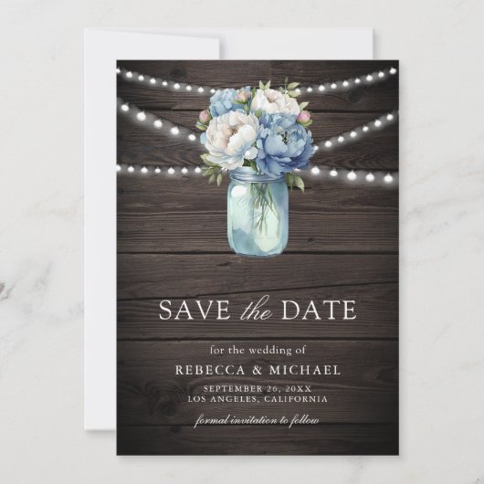 Dusty Blue Floral Mason Jar Wood Foto bruiloft Save The Date (Voorkant)