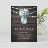 Dusty Blue Floral Mason Jar Wood Foto bruiloft Save The Date (Staand voorkant)