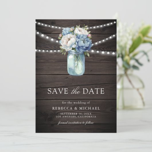 Dusty Blue Floral Mason Jar Wood Foto bruiloft Save The Date (Staand voorkant)