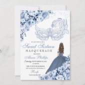 Dusty Blue Floral Masquerade Sweet 16 Uitnodiging (Voorkant)