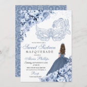 Dusty Blue Floral Masquerade Sweet 16 Uitnodiging (Voorkant / Achterkant)