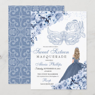 Dusty Blue Floral Masquerade Sweet 16 Uitnodiging