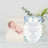 Dusty Blue Floral met foto doopsel Kaart (Staand voorkant)