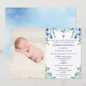 Dusty Blue Floral met foto doopsel Kaart (Voorkant / Achterkant)