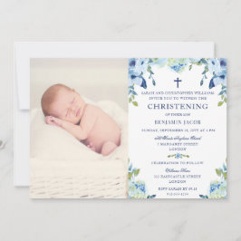 Dusty Blue Floral met foto doopsel Kaart