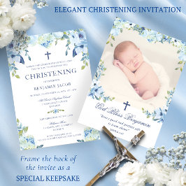 Dusty Blue Floral met foto doopsel Kaart