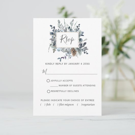 Dusty Blue Floral met / uit Maaltijd keuzes RSVP-k RSVP Kaartje (Staand voorkant)