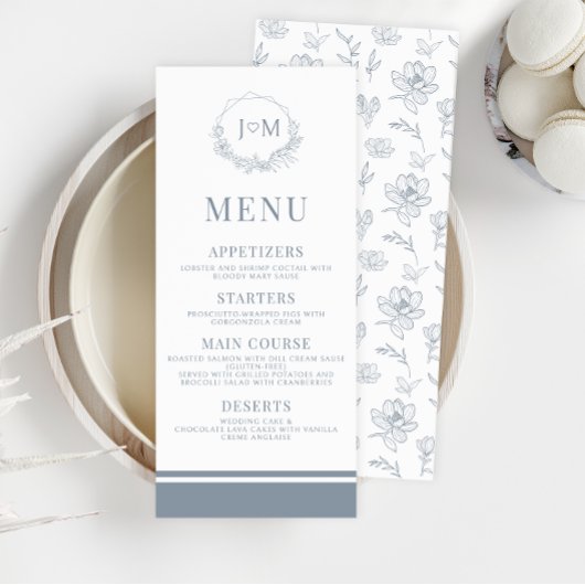 Dusty Blue Floral Minimalist Wedding Menu Kaarten