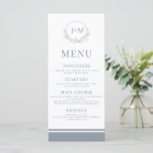 Dusty Blue Floral Minimalist Wedding Menu Kaarten (Staand voorkant)