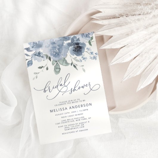 Dusty Blue Floral Modern Bridal Shower Kaart