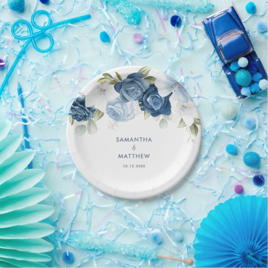 Dusty Blue Floral Modern Custom Wedding Papieren Bordje (Feest)