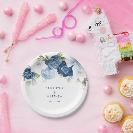 Dusty Blue Floral Modern Custom Wedding Papieren Bordje (Feest)