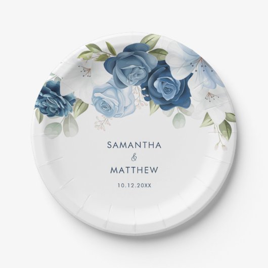 Dusty Blue Floral Modern Custom Wedding Papieren Bordje (Voorkant)