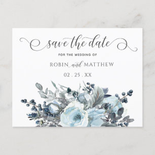 Dusty Blue Floral, Modern Script, Save the Date Aankondigingskaart