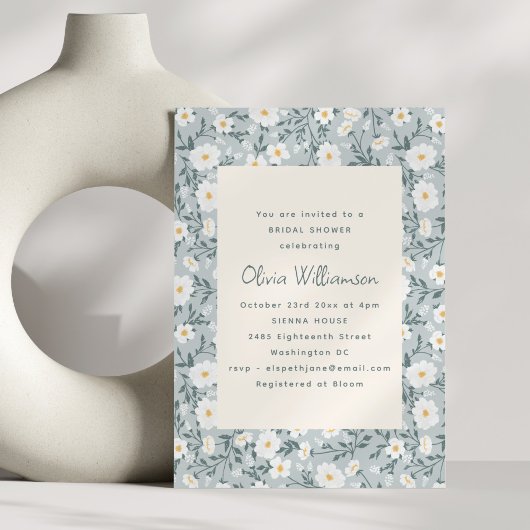 Dusty Blue Floral Modern Spring Bridal Shower Kaart
