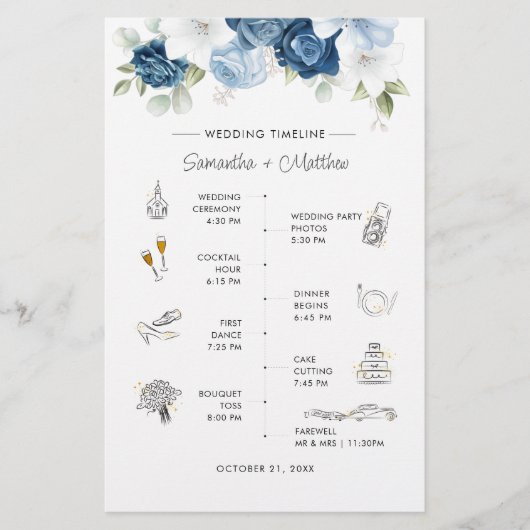 Dusty Blue Floral Modern Wedding Itinerary Program Briefpapier (Voorkant)