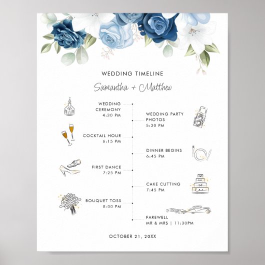 Dusty Blue Floral Modern Wedding Itinerary Program Poster (Voorkant)