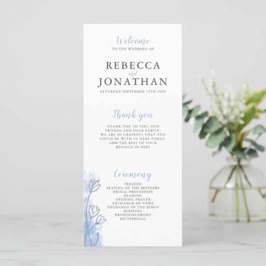 Dusty Blue Floral Modern Wedding Program Card (Staand voorkant)