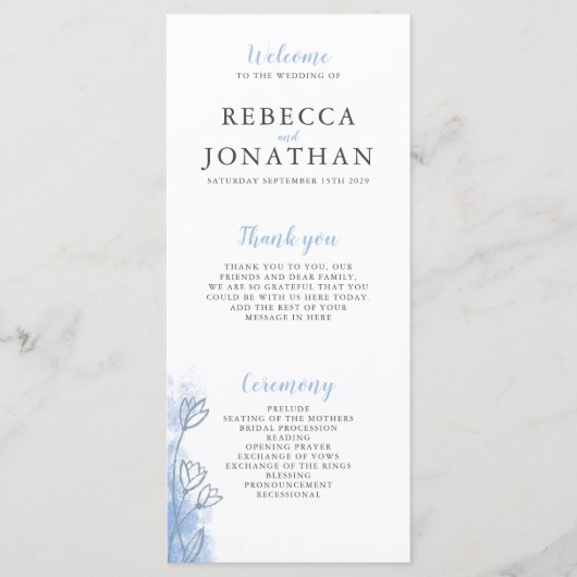 Dusty Blue Floral Modern Wedding Program Card (Voorkant)
