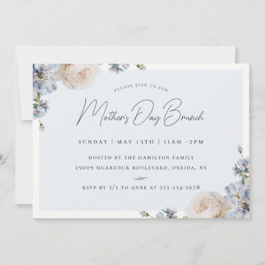 Dusty Blue Floral Moederdag Brunch Kaart (Voorkant)