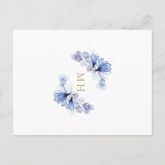 Dusty Blue Floral Monogram Doopuitnodiging Briefkaart (Achterkant)