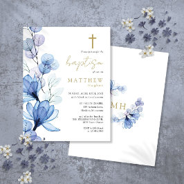 Dusty Blue Floral Monogram Doopuitnodiging Briefkaart