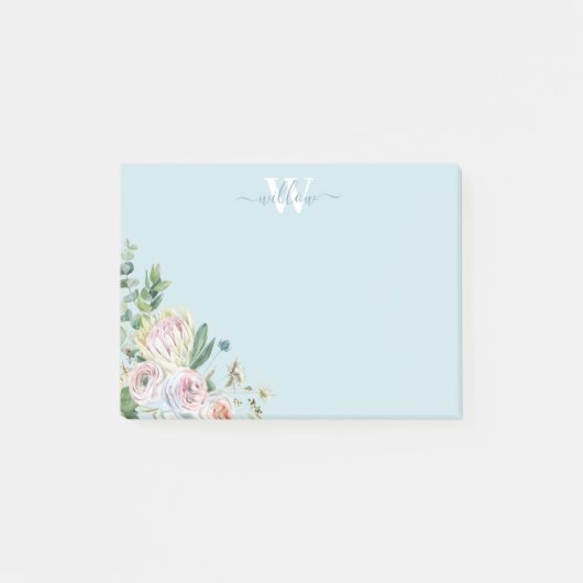 Dusty Blue Floral Monogram Greenery Post-it Notes (Voorkant)