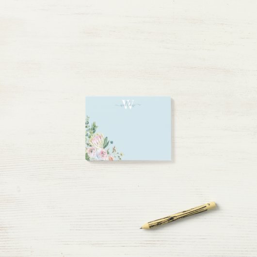Dusty Blue Floral Monogram Greenery Post-it Notes (Op bureau)