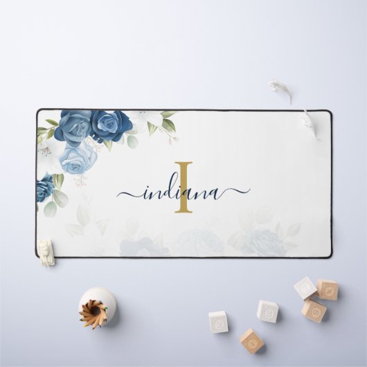 Dusty Blue Floral Monogram Naam Elegant Bureaumat (Kindertafel)
