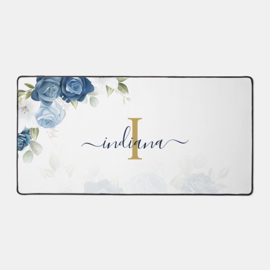Dusty Blue Floral Monogram Naam Elegant Bureaumat (Voorkant)