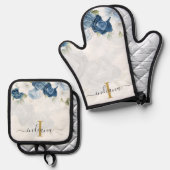 Dusty Blue Floral Monogram Script gepersonaliseerd Ovenwant & Pannenlap Set (Voorkant / Achterkant)