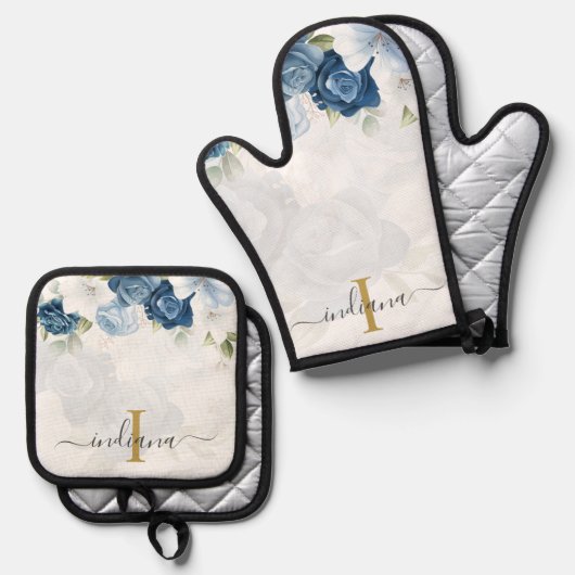 Dusty Blue Floral Monogram Script gepersonaliseerd Ovenwant & Pannenlap Set (Voorkant / Achterkant)